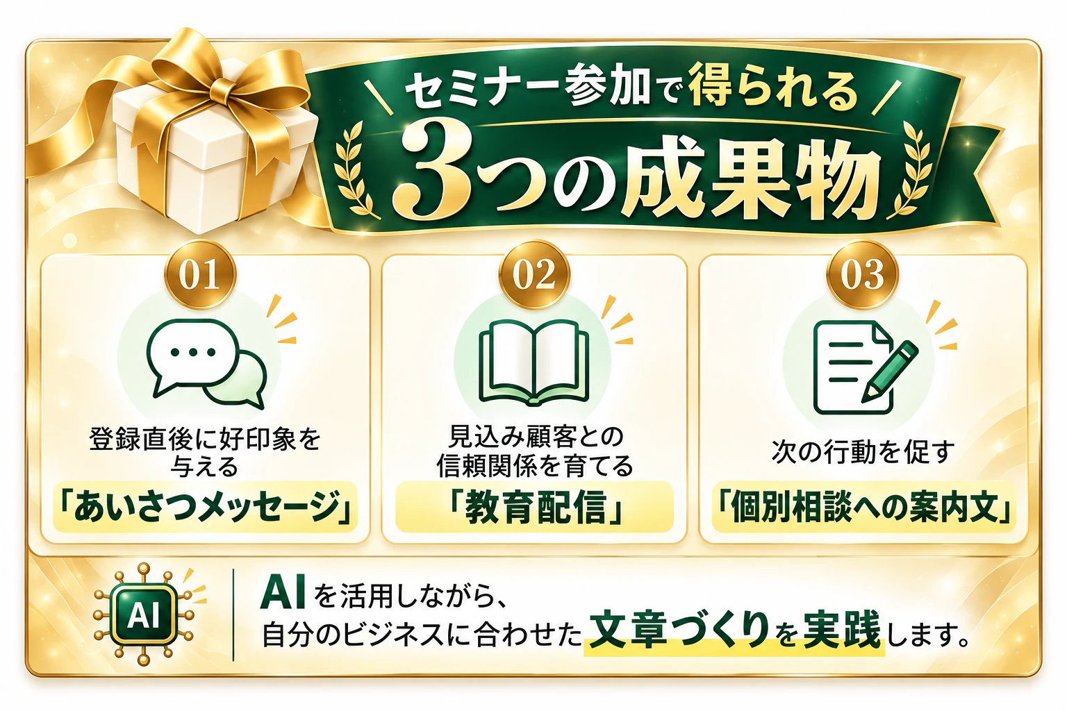 セミナー参加で得られる3つの成果物 01 登録直後に好印象を与える「あいさつメッセージ」 02 見込み顧客との信頼関係を育てる「教育配信」 03 次の行動を促す「個別相談への案内文」 AIを活用しながら、自分のビジネスに合わせた文章づくりを実践します。