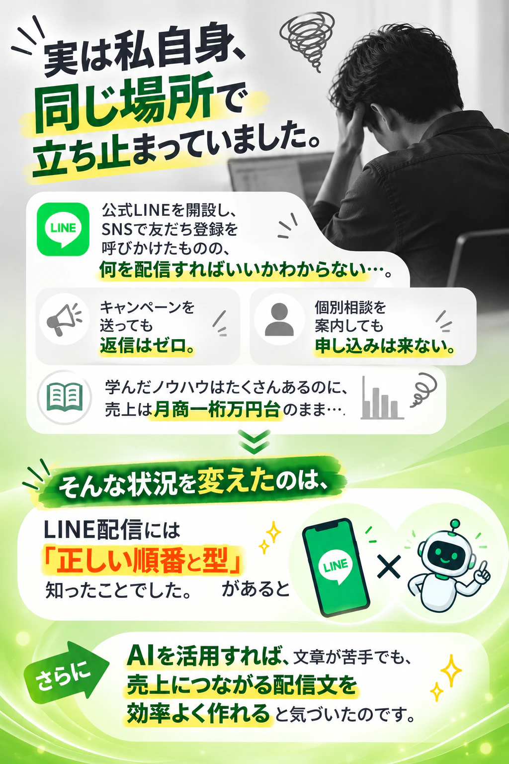 実は私自身、同じ場所で立ち止まっていました。公式LINEを開設し、SNSで友だち登録を呼びかけたものの、何を配信すればいいかわからない…。キャンペーンを送っても返信はゼロ。個別相談を案内しても申し込みは来ない。学んだノウハウはたくさんあるのに、売上は月商一桁万円台のまま…。そんな状況を変えたのは、LINE配信には「正しい順番と型」があると知ったことでした。さらにAIを活用すれば、文章が苦手でも、売上につながる配信文を効率よく作れると気づいたのです。